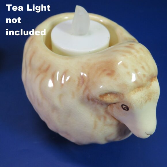 Tan Sheep Lamb (2) Tea Light Holders w Tree design on side Has Crazing Ceramic - Picture 2 of 15